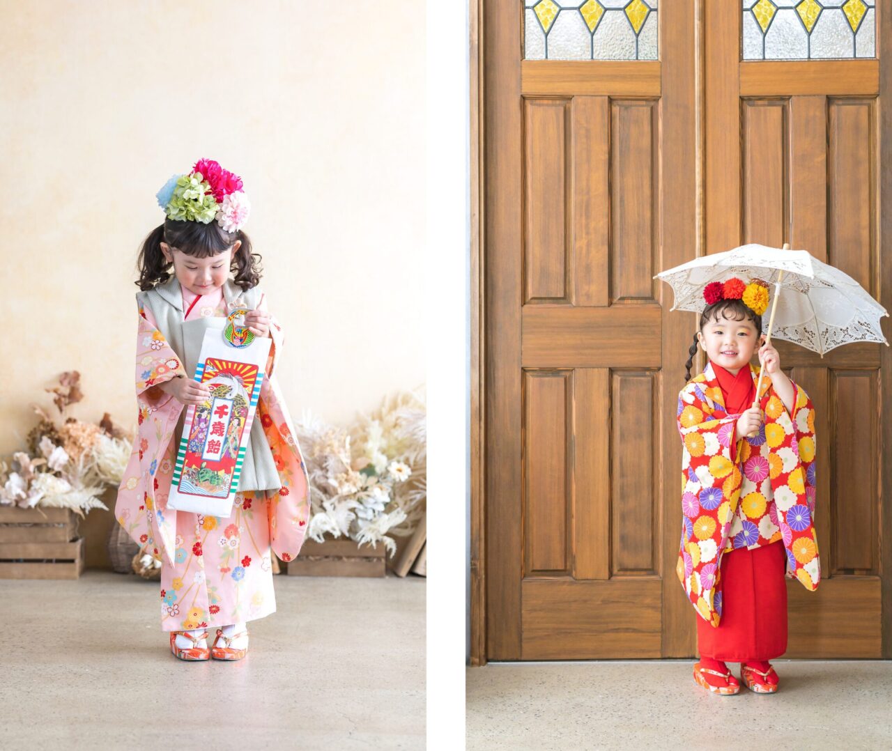 墨田区のこども写真館・花と星フォトスタジオの七五三、千歳飴とレースの傘