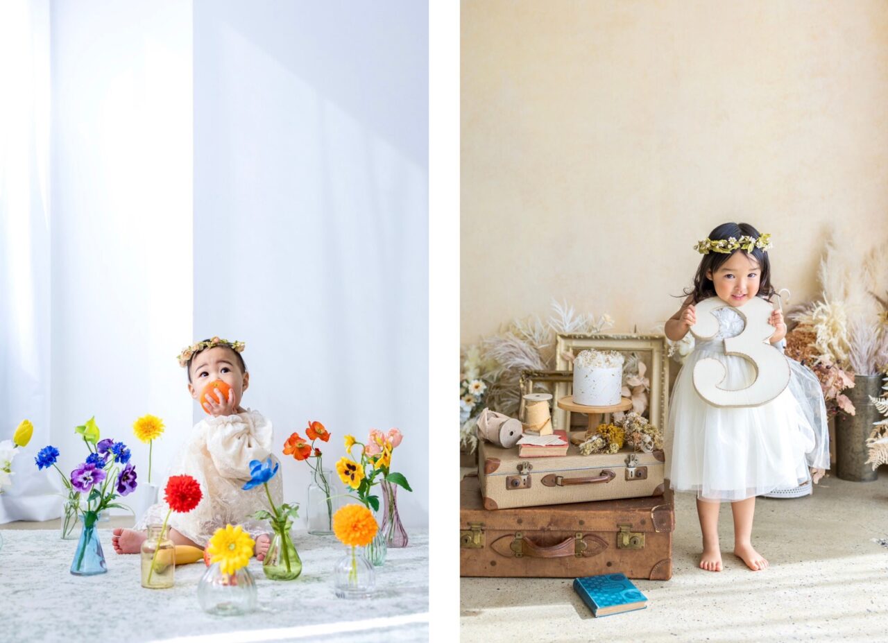 カラフルなお花と数字のオブジェとバースデーフォト