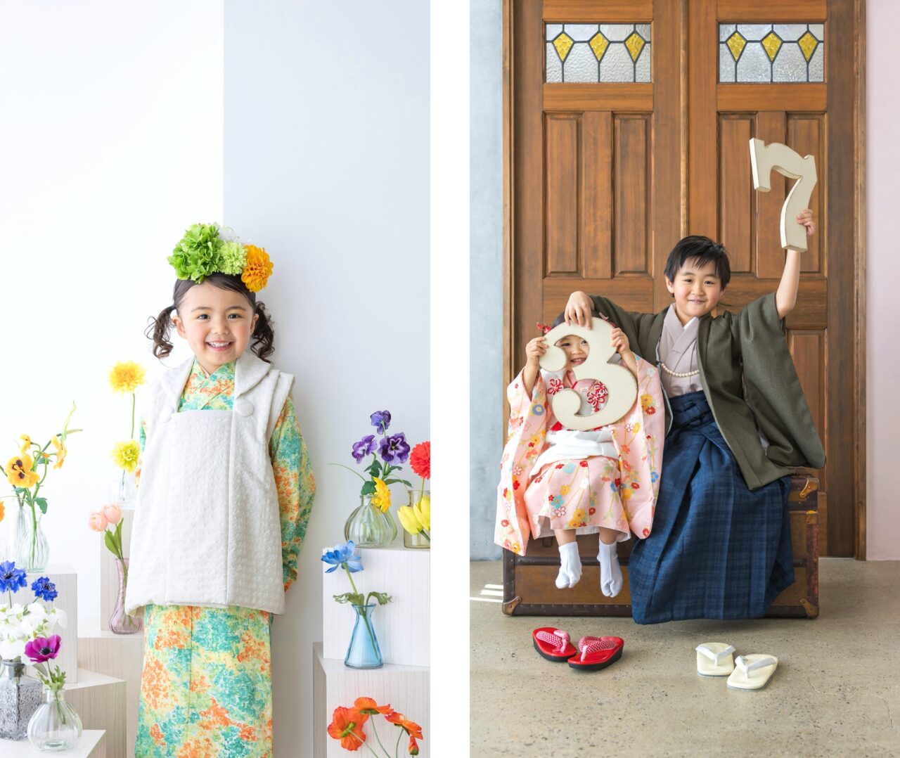 墨田区のこども写真館・花と星フォトスタジオの七五三、3歳七五三と3歳と7歳のきょうだい七五三