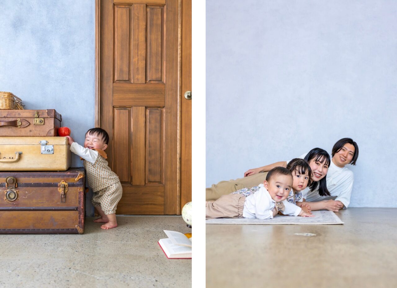 誕生日フォト、家族写真とつかまり立ち